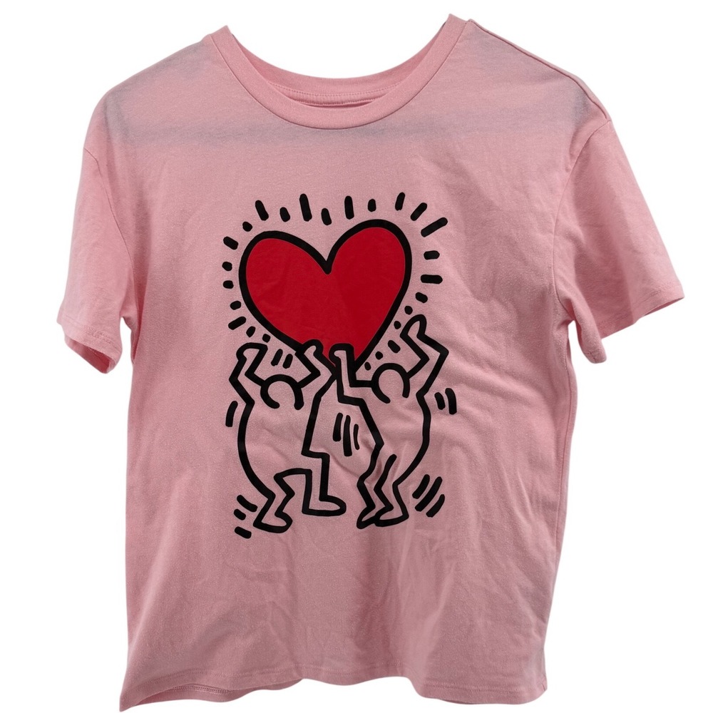 Keith Haring Pink Graphic Tee Heart Dancing Figures Art Shirt Large 10/12